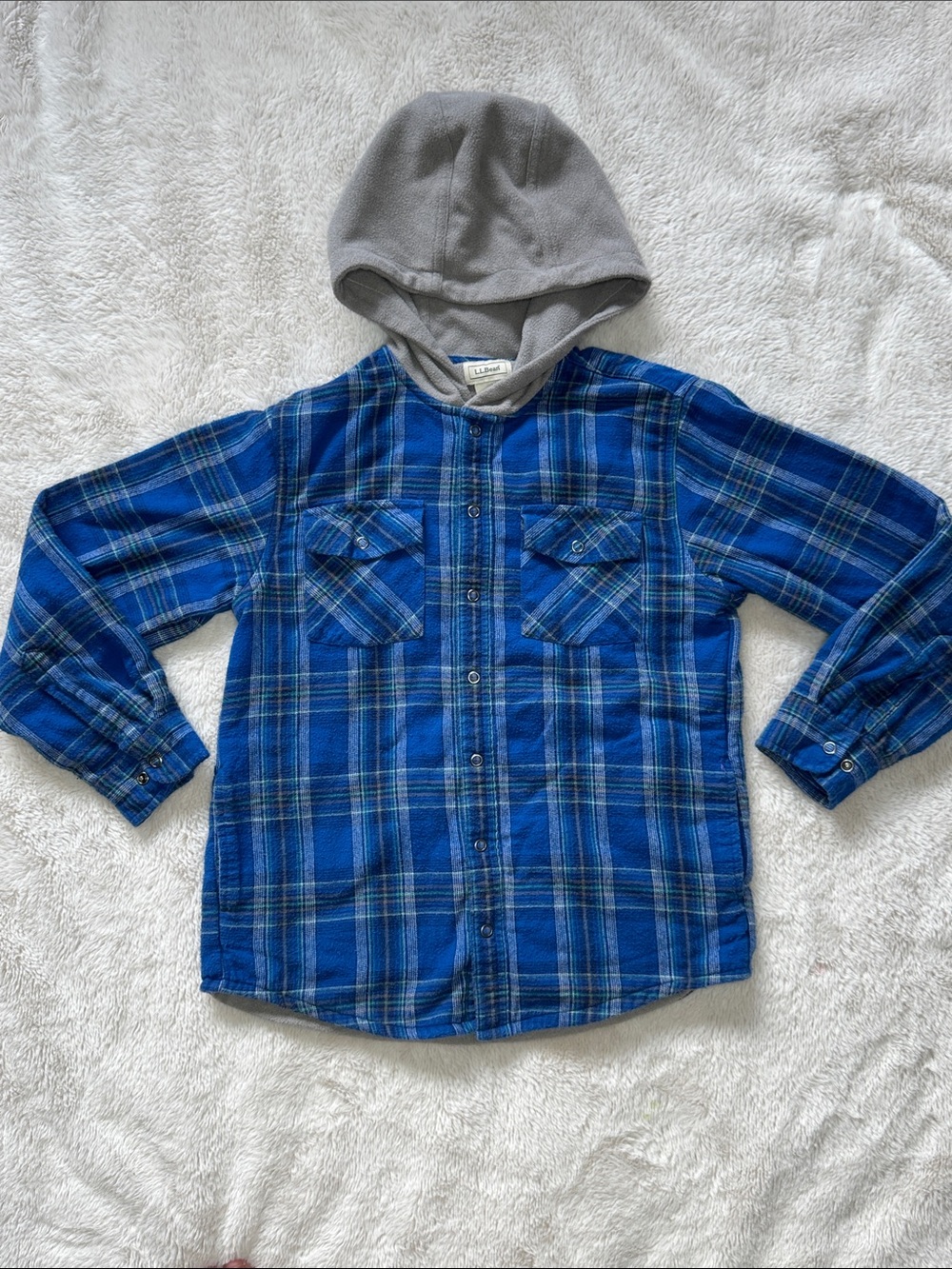 L.L. Bean Kids Blue Plaid Fleece-Lined Flannel Shirt Hooded Size M 10-12